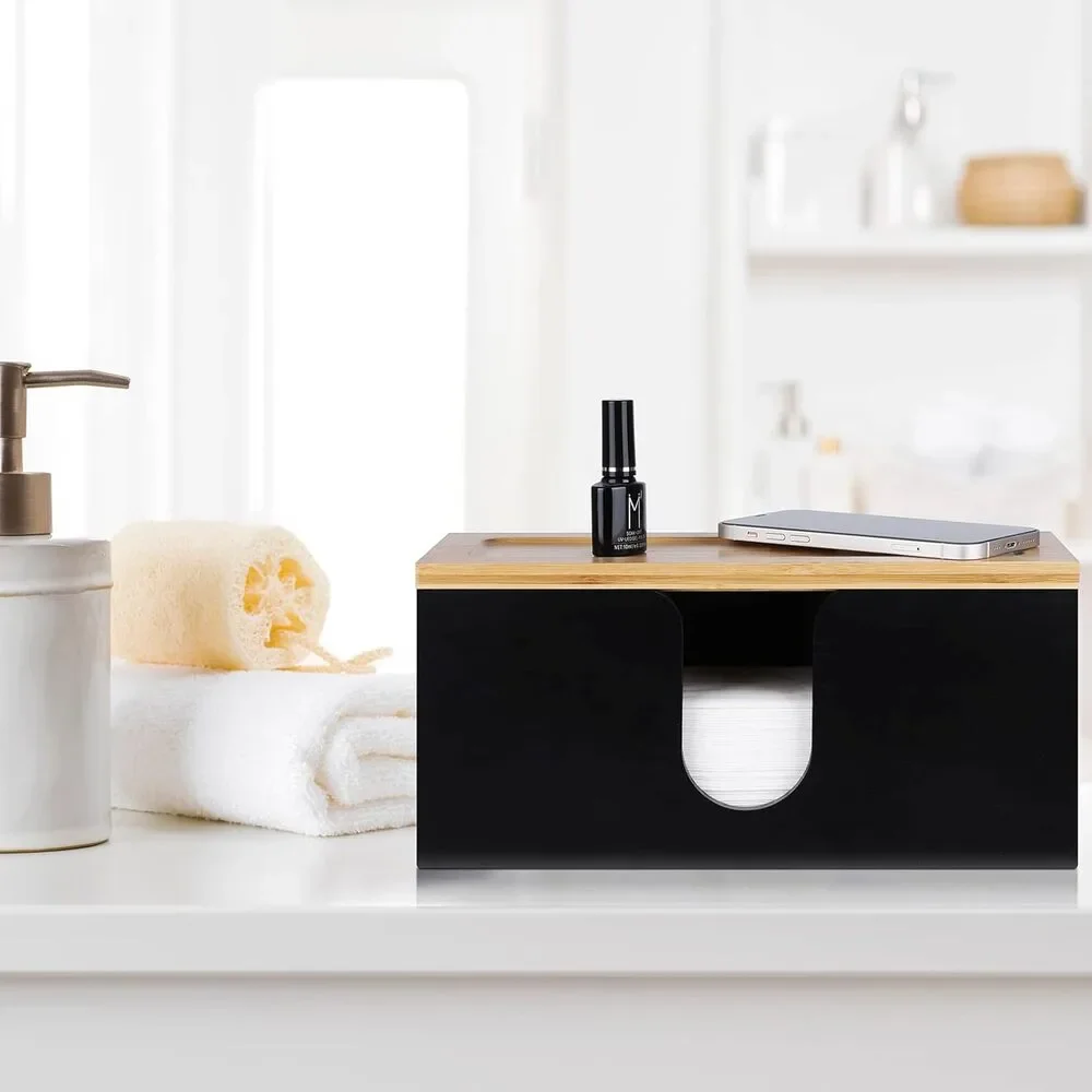Wall Mount Paper Towel Holder Wood Dispenser Kitchen Napkin Storage Bamboo Top